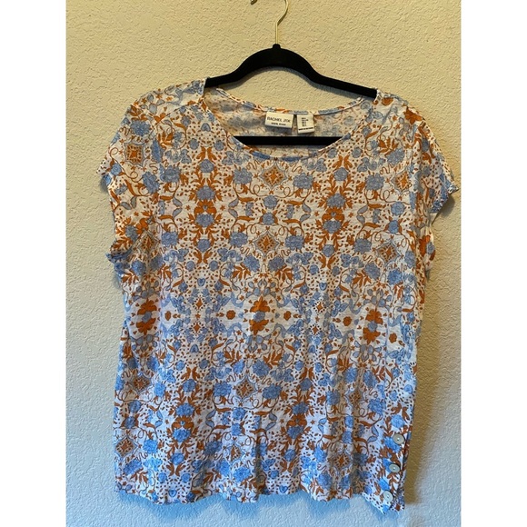 Floral Print Women's Linen Top - Orange and Blue - Picture 3 of 6